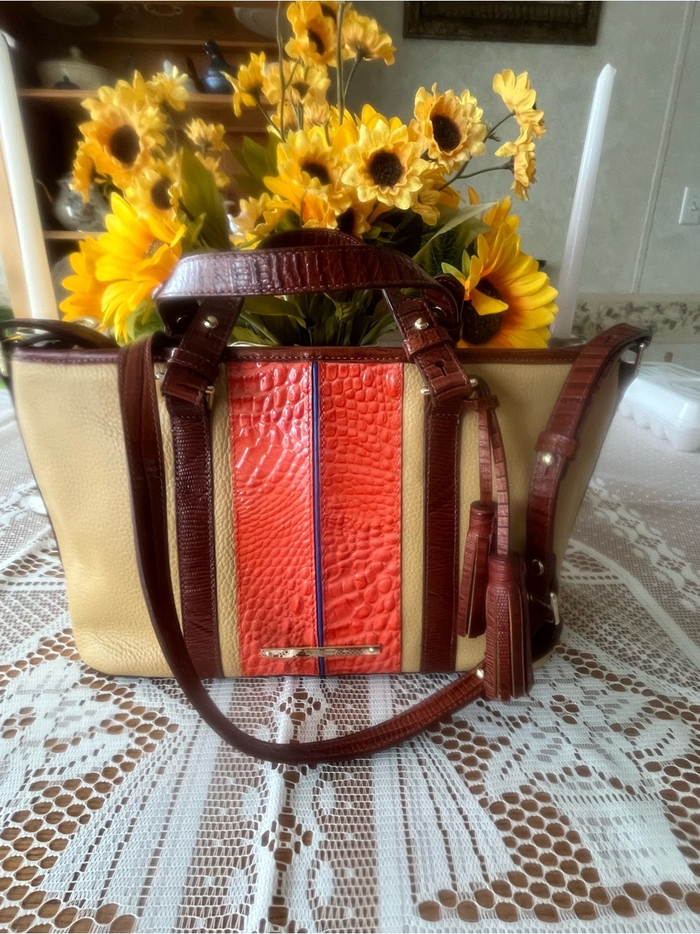Brahmin Tri Texture Mini Asher Satchel “Pimento Lady Vineyard”
